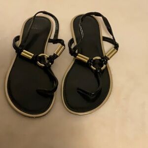 Montego Bay Club Black and Gold Sandals with T-Strap Design